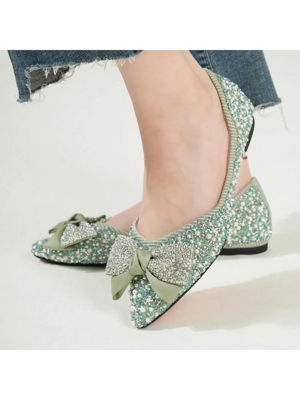 Women's Green Suede Pointed Toe Rhinestone Ballet Flat Slip On Party Dress Shoes